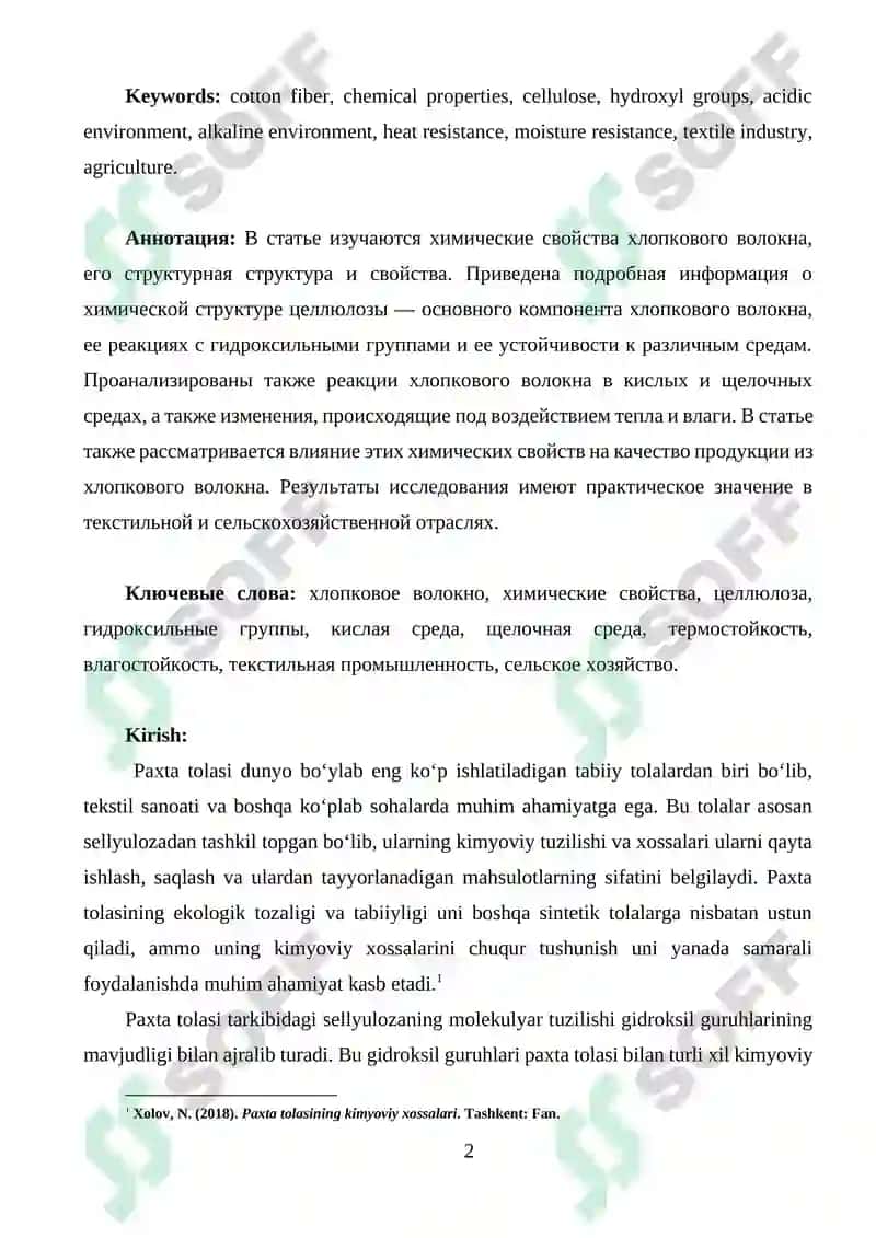 Paxta Tolasining Kimyoviy Xossalari 2
