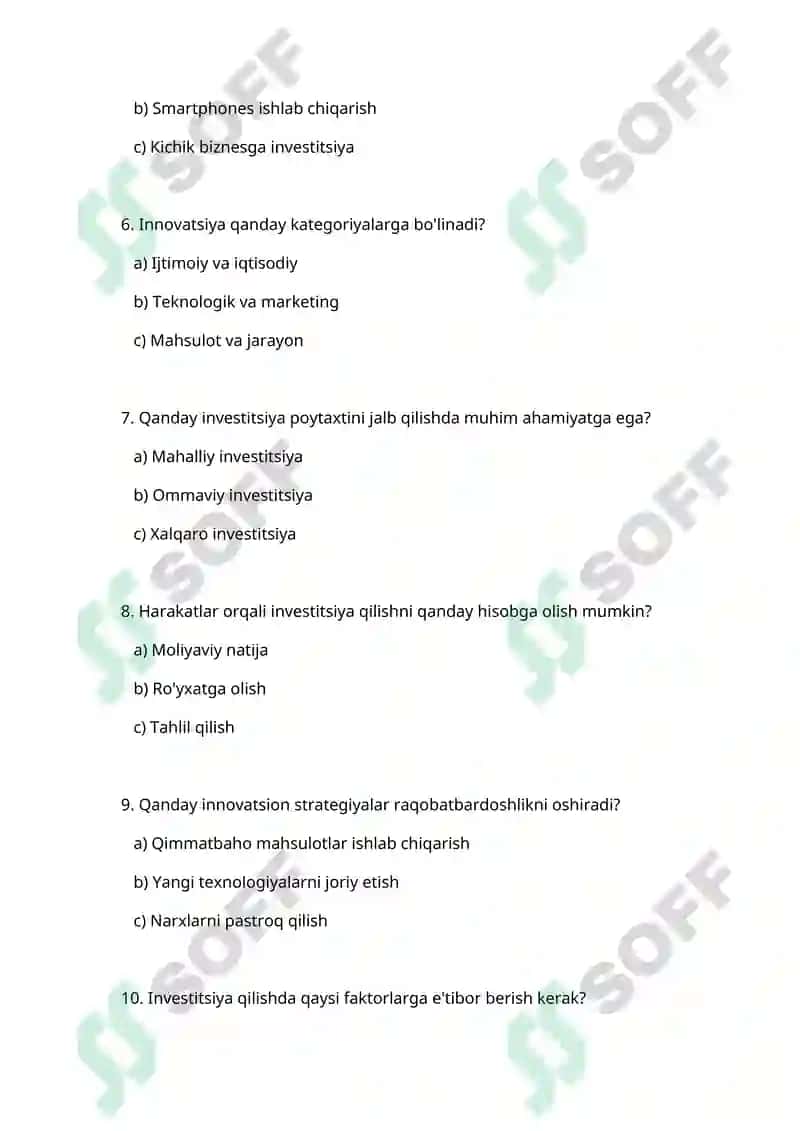 Investitsiya va innovatsiya fanidan test savollari 2