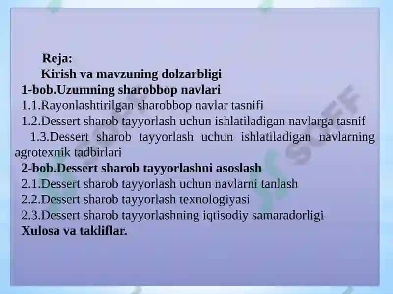 DESSERT SHAROB TAYYORLASH UCHUN UZUM NAVLARINI TANLASH VA ULARDAN SHAROB TAYYORLASH TEXNOLOGIYASINI ASOSLASH 2