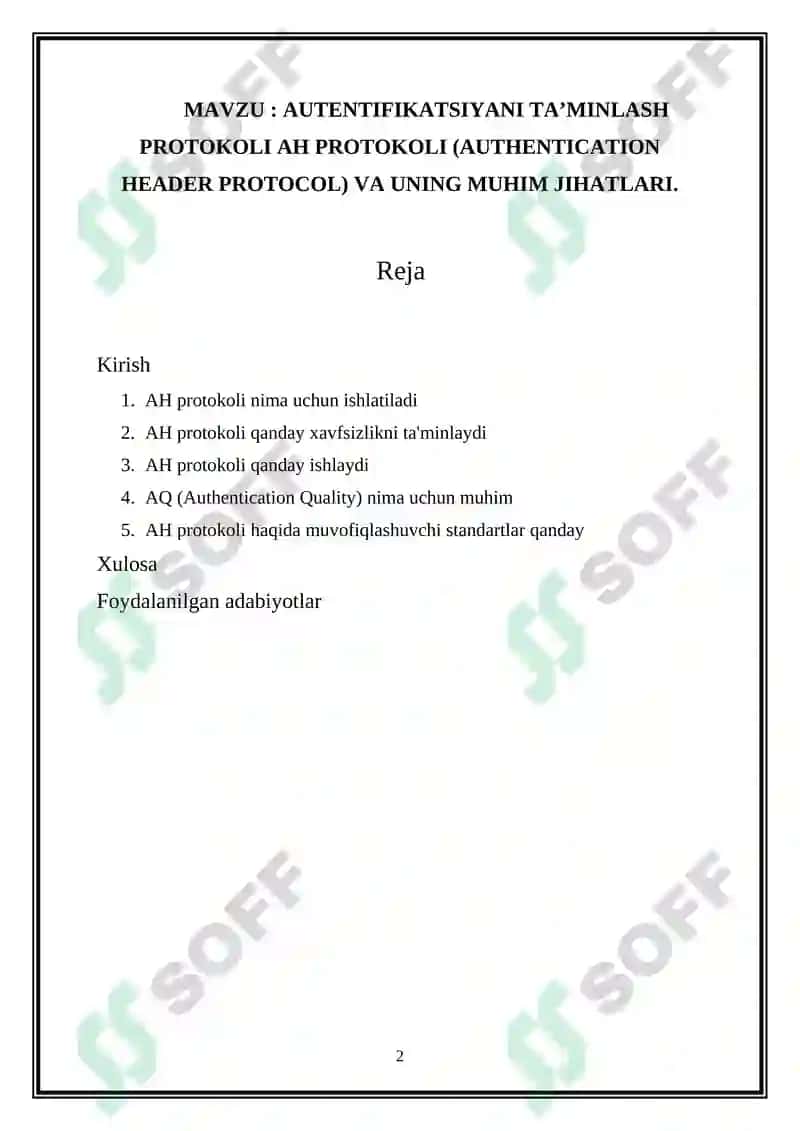 AUTENTIFIKATSIYANI TA’MINLASH PROTOKOLI AH PROTOKOLI 2
