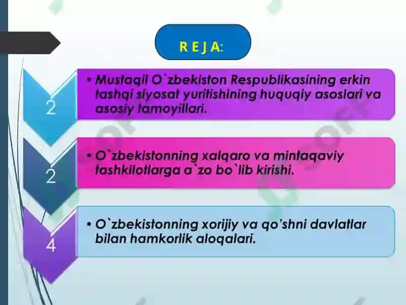 O`zbekiston va jahon  hamjamiyati. O`zbekiston Respublikasining ko’p tomonlama hamkorlik aloqalarining rivojlanishi 2