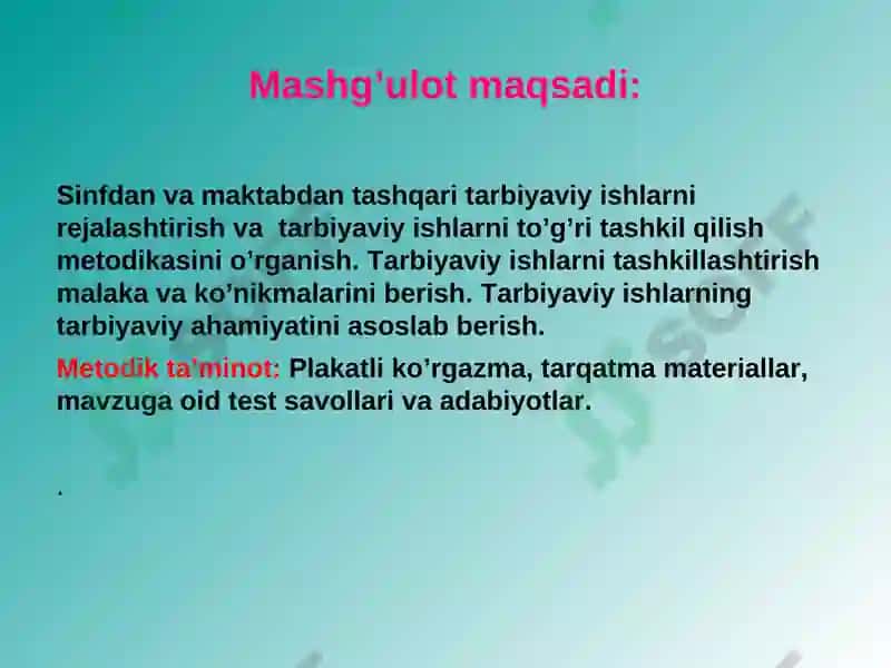Sinfdan va maktabdan tashqari tarbiyaviy ishlarni rejalashtirish metodikasi 2
