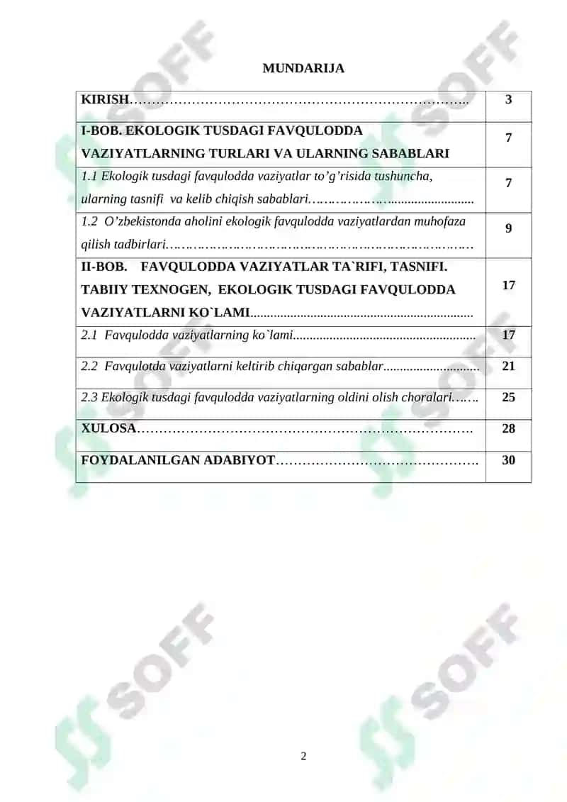 EKOLOGIK TUSDAGI FAVQULODDA VAZIYATLAR VA ULARNING OLDINI OLISH CHORALARI. 2