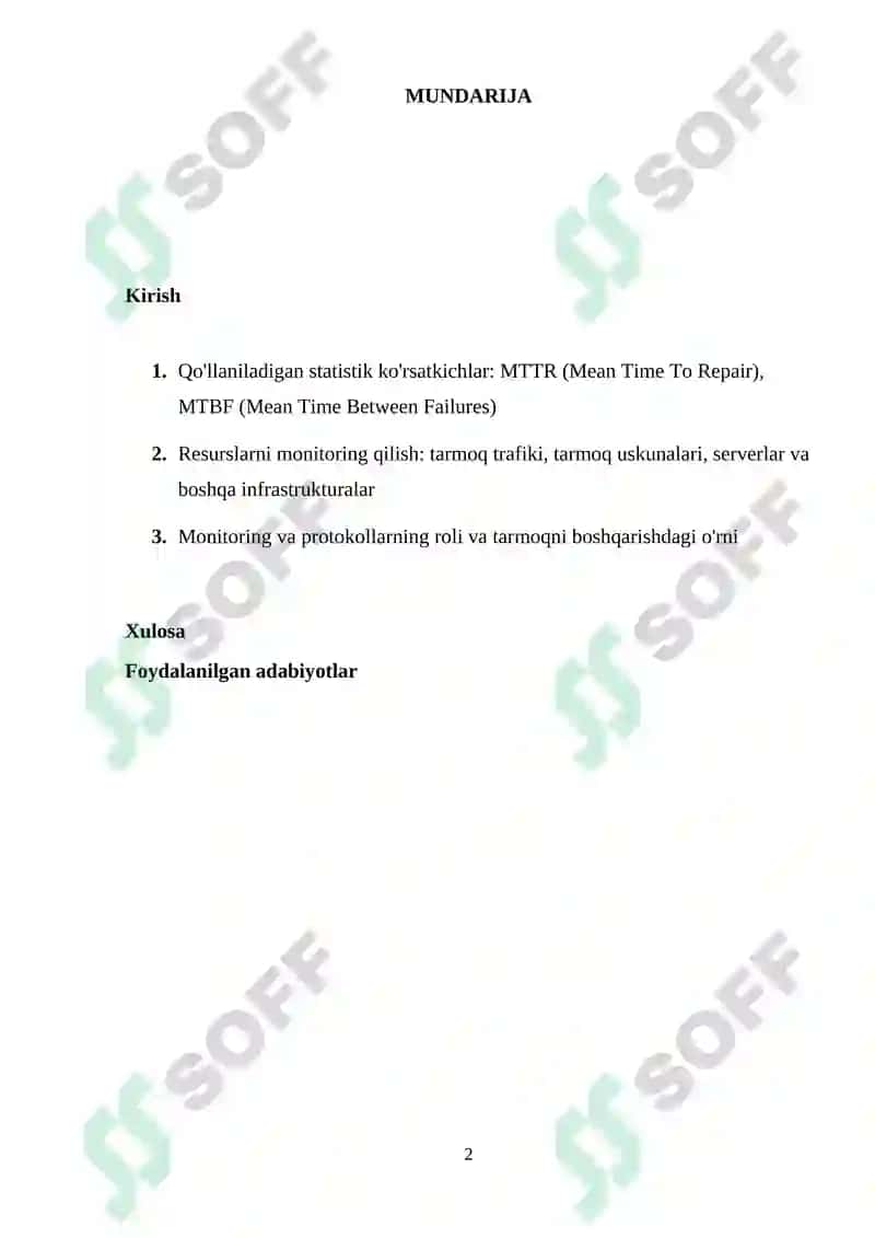 Ma’lumotlar uzatish tarmoqlarining ishonchlilik ko`rsatkichlariga talablar va ularni oshirish usullari. Ma’lumotlar uzatish tarmoqlarida monitoring usullari va protokollari 2