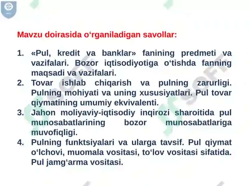 Pulning paydo bo‘lishi, zarurligi va funksiyalari. Pul nazariyasi. 2