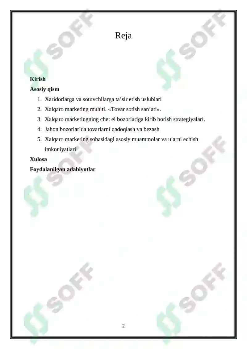 XALQARO MARKETING STRATEGIYASINI ISHLAB CHIQISH VA AMALGA OSHIRISH O’RGANISH 2
