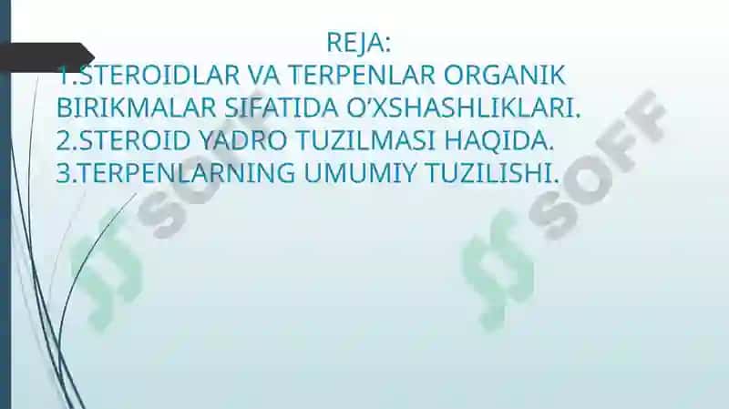 STEROIDLAR VA TERPENLARNING STEREOKIMYOSI HAMDA ULAR ISHTIROKIDAGI MUHIM BIOLOGIK JARAYONLAR 2