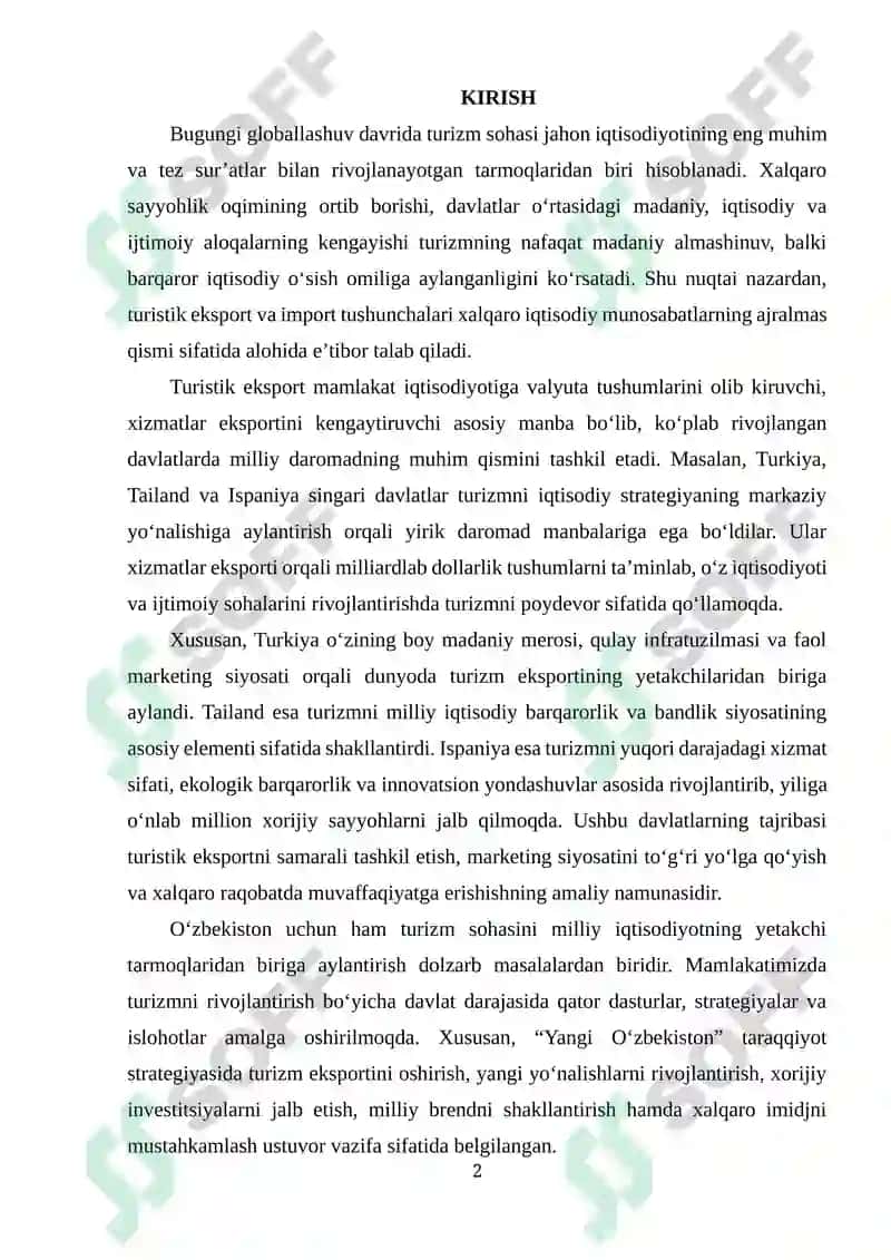 Turistik eksport va turistik import mavzusida 2