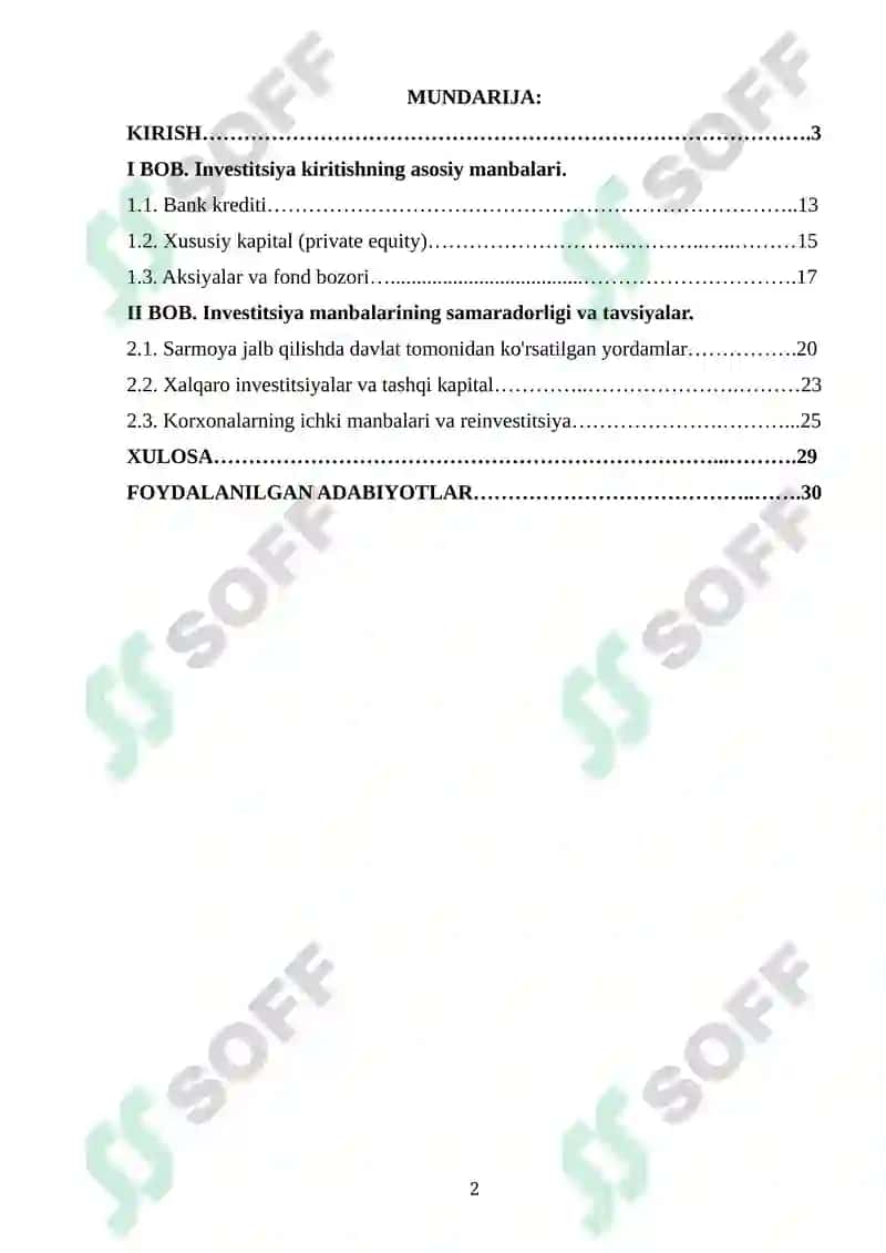 Biznesga investitsiya kiritish manbalari 2