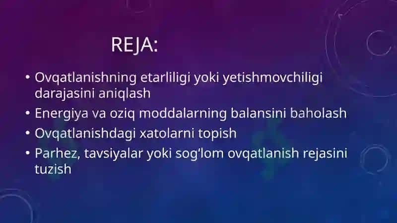 Shahsiy Ovqatlanishning Adevvatligini Organish va Baholash 2