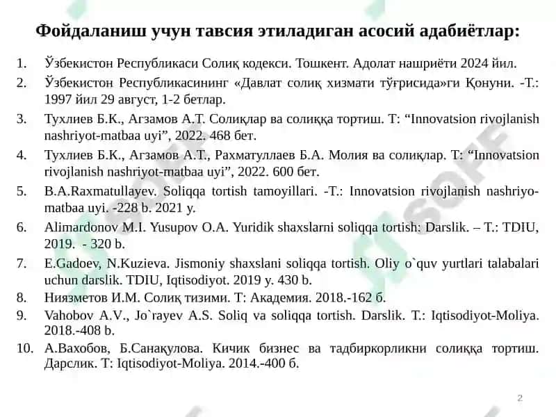 "СОЛИҚ ВА СОЛИҚҚА ТОРТИШ"фанидан маъруза машғулоти 2