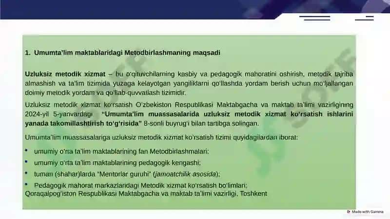 Uzluksiz metodik xizmat va metodbirlashmalar faoliyatini tashkil etish va boshqarish. 2
