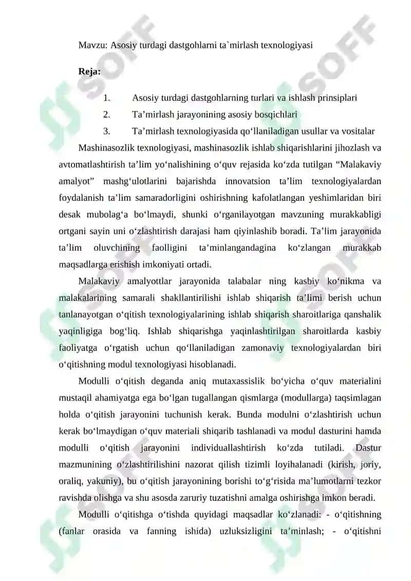 Asosiy turdagi dastgohlarni ta`mirlash texnologiyasi 2