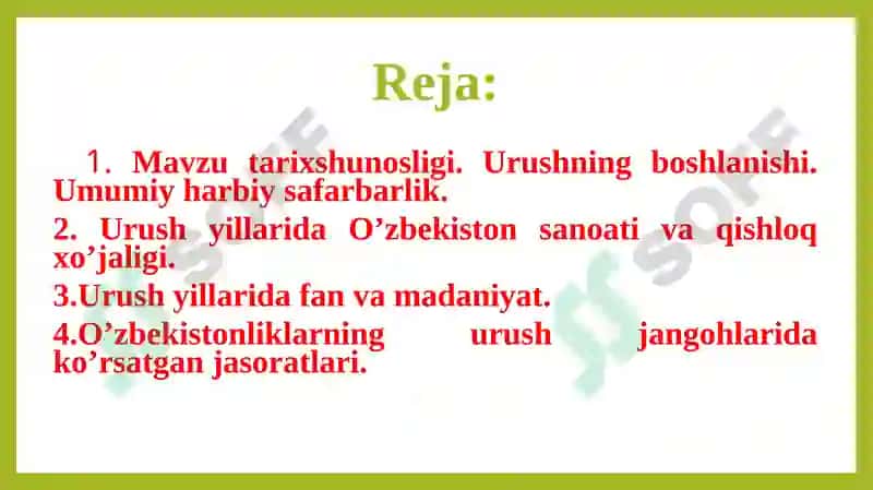 Ikkinchi jahon urushi yillarida o’zbek xalqining fashizm ustidan qozonilgan g’alabaga qo’shgan hissasi 2