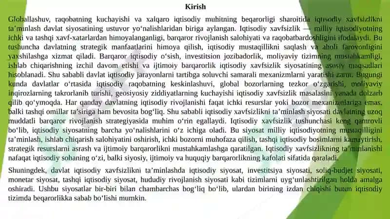 Davlatning iqtisodiy xavfsizlikni ta'minlash siyosati 2