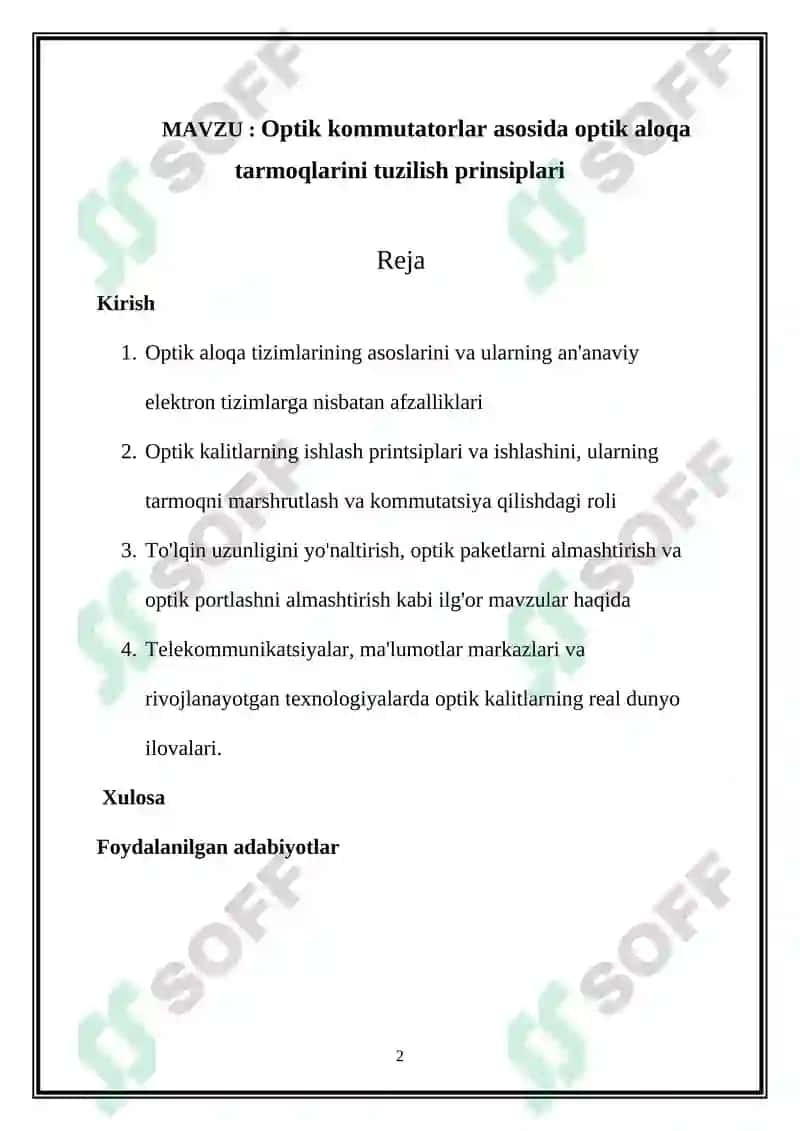 Optik kommutatorlar asosida optik aloqa tarmoqlarini tuzilish prinsiplari 2