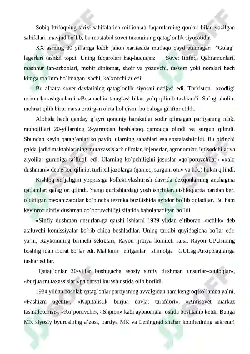 Sovet tuzumining qatag`onlik siyosati va uning o`zbekistondagi og`ir oqibatlari 2