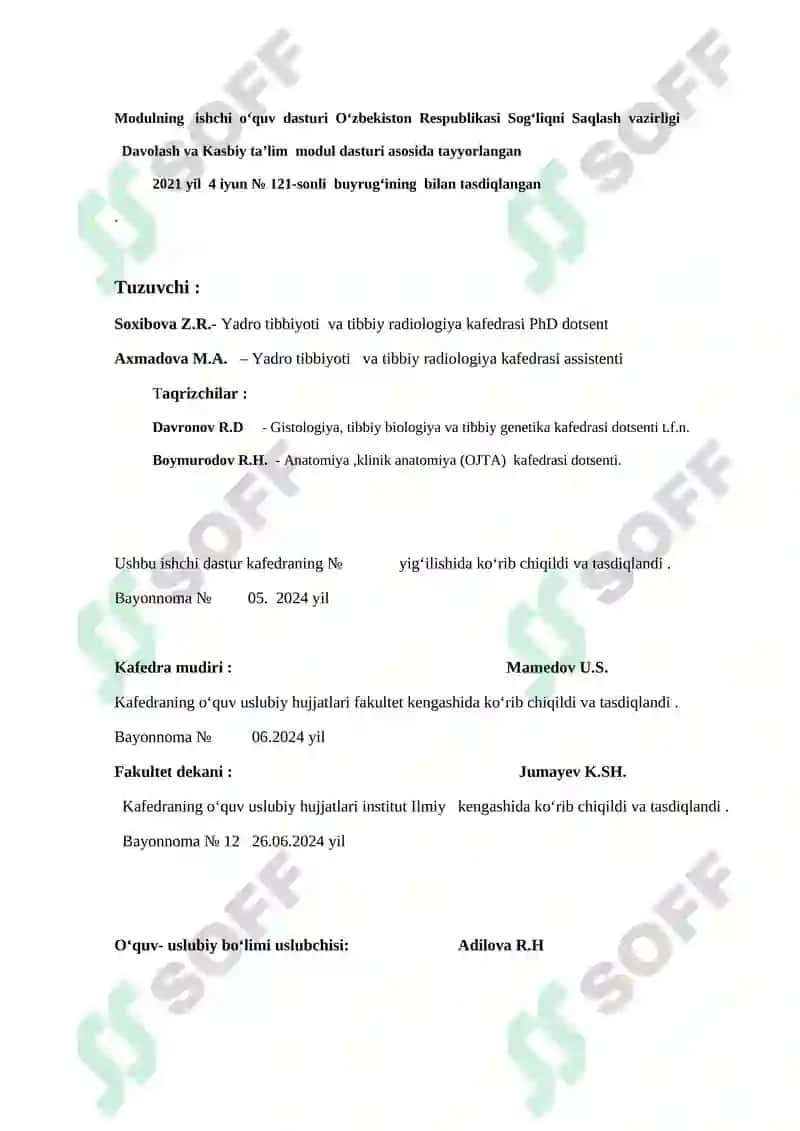 TIBBIY RADIOLOGIYA FANIDAN ISHCHI MODUL DASTURI 2