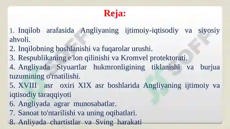 XVII asr o`rtalari va XIX asr birinchi yarmida Angliya 2