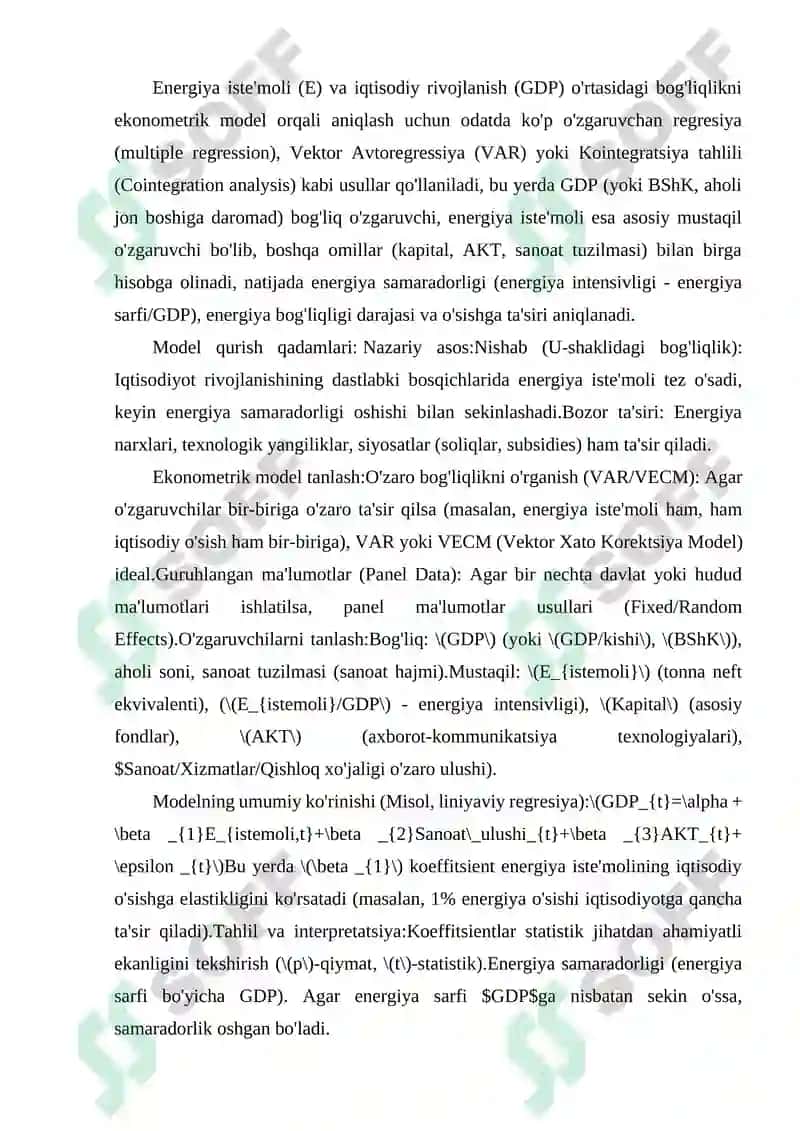 ENERGIYA ISTE’MOLI VA IQTISODIY RIVOJLANISH O‘RTASIDAGI MUNOSABATNI EKONOMETRIK MODEL ORQALI ANIQLASH. 2
