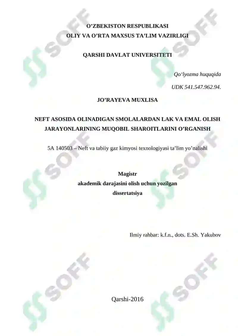 Neft asosida olinadigan smolalardan lak va emal olish jarayonlarining muqobil sharoitlarini o’rganish 2