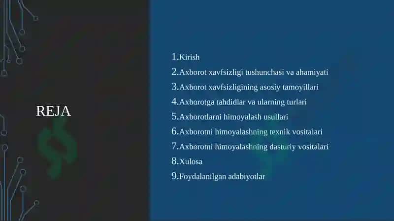 Axborot xavfsizligi va axborotlarni himoyalash usullari. Axborotlarni himoyalashning texnik va dasturiy vositalari 2