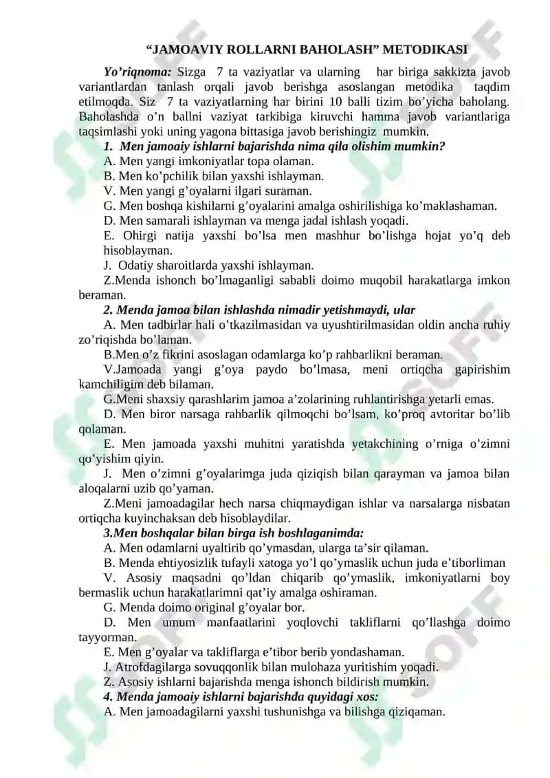 "JAMOAVIY ROLLARNI BAHOLASH” METODIKASI 2