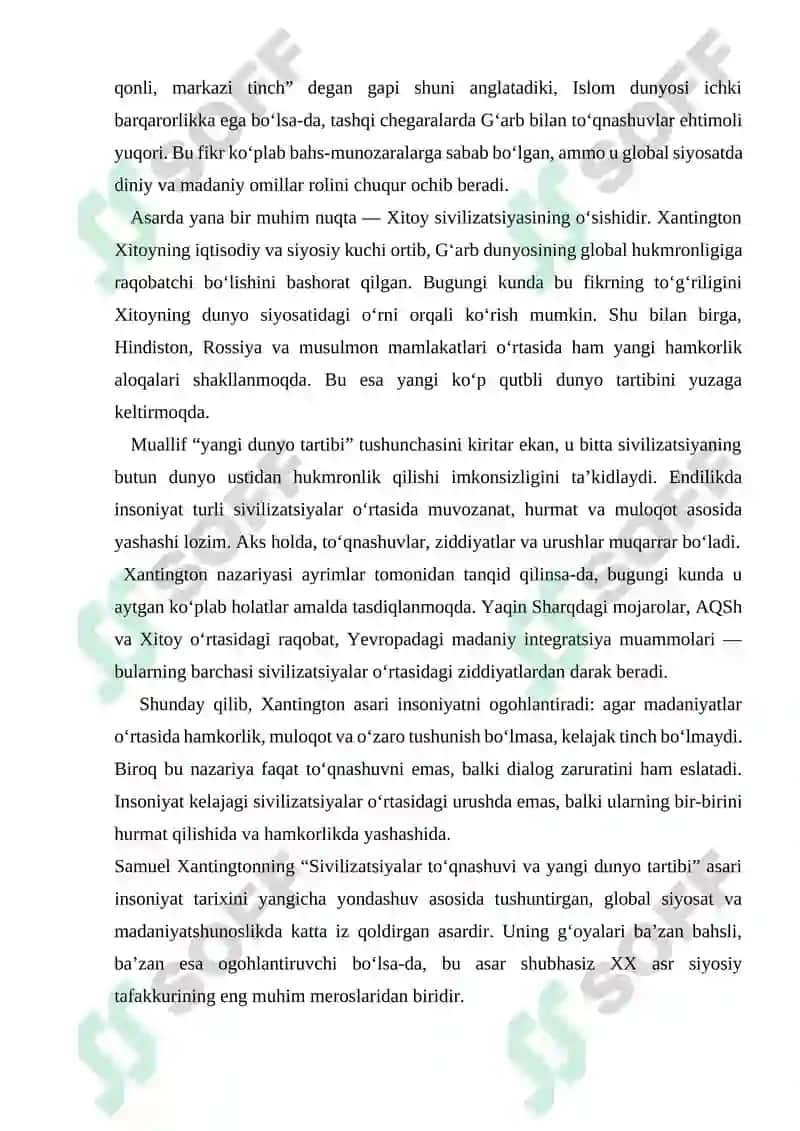 Samuel Hantingtonning “Sivilizatsiyalar to‘qnashuvi va yangi dunyo tartibi” 2
