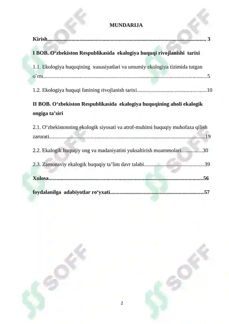 O‘zbekiston Respublikasida ekologiya huquqi rivojlanishing aholi ekologik ongiga ta’siri (BITIRUV  MALAKAVIY ISHI) 2