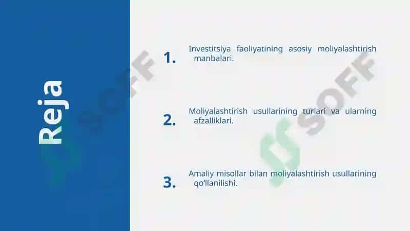 Investitsiya faoliyatini moliyalashtirish manbalari va usullari 2