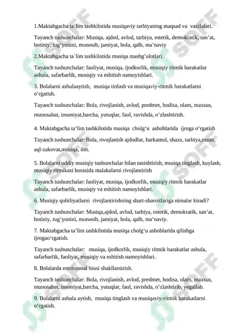 BOLALAR MUSIQIY TAʼLIM METODIKASI FANI BOʻYICHA YOZMA ISH SAVOLLARI 2