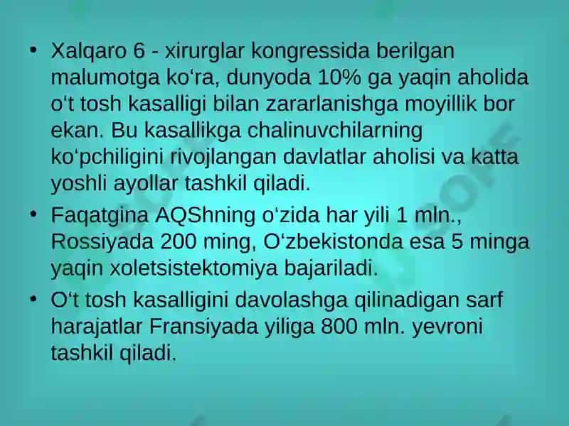 O‘t tosh kasalligi. Xoletsistitlar, diagnostikasi va davolash 2