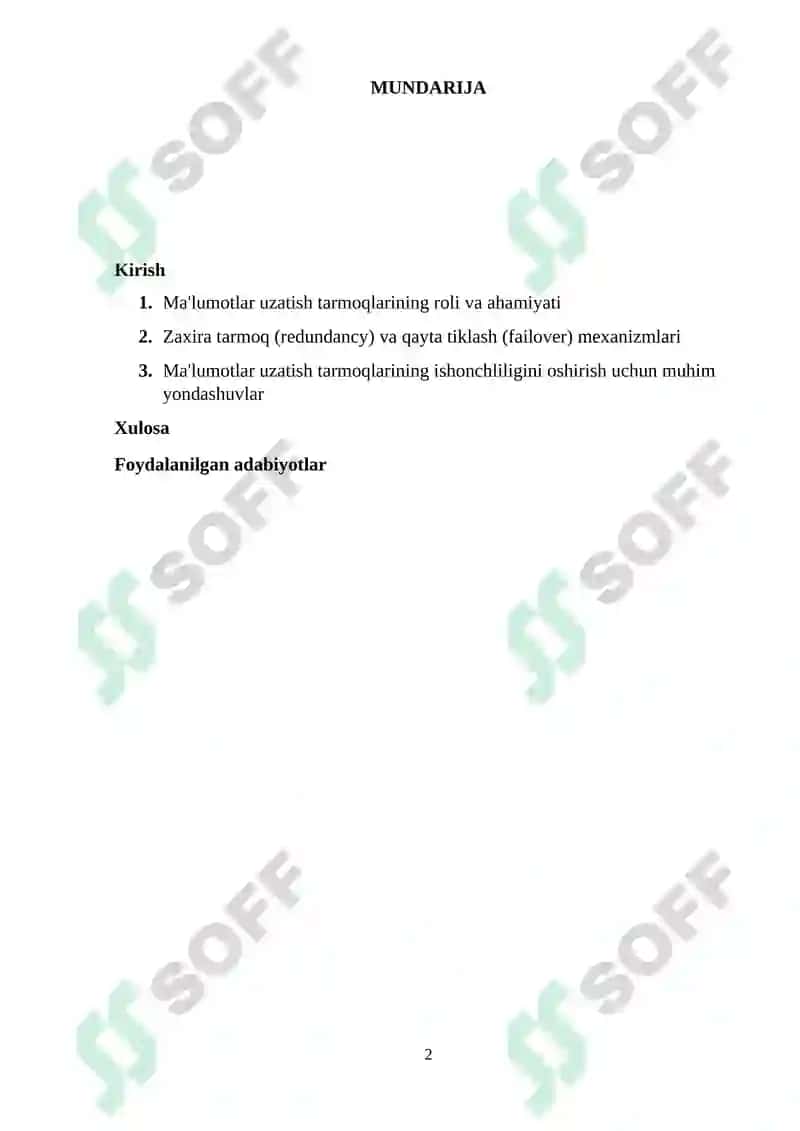 Ma'lumotlar uzatish tarmoqlarining ishonchlilik ko`rsatkichlariga talablar va ularni oshirish usullari. 2