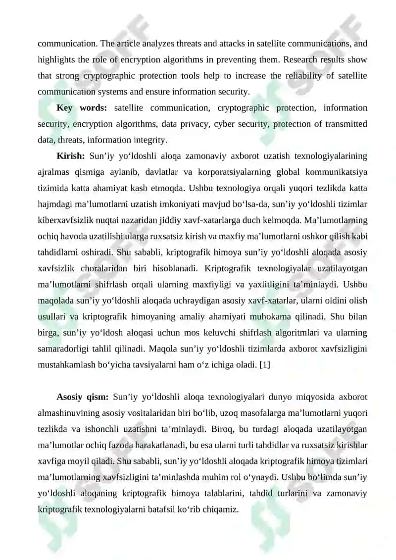 SUN’IY YO‘LDOSHLI ALOQADA KRIPTOGRAFIK HIMOYANING AHAMIYATI 2