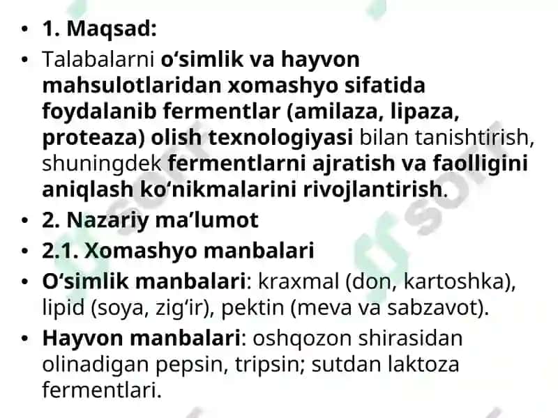 O‘SIMLIK VA HAYVON MAHSULOTLARIDAN XOMASHYO SIFATIDA FOYDALANIB FERMENT PREPARATLARINI AJRATIB OLISH TEXNOLOGIYASI 2