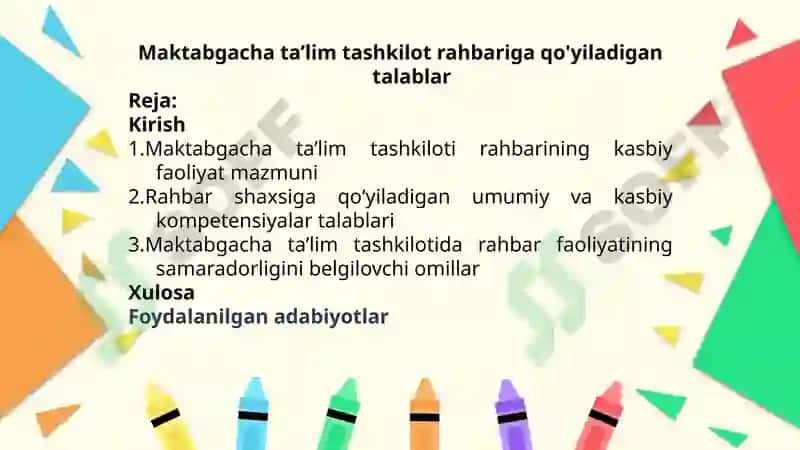 Maktabgacha ta'lim tashkiloti rahbariga qo'yiladigan talablar 2