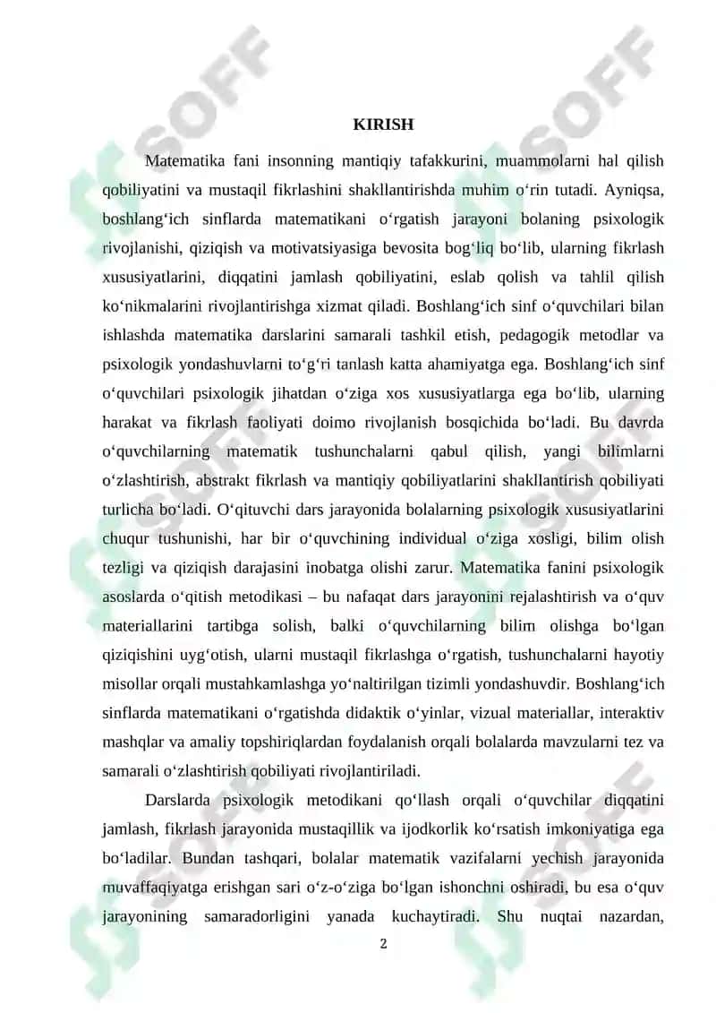 Matеmatika oqitishning psiхоlоgik asоslarini organish mеtоdikasi bоshlang`ich sinflarda 2