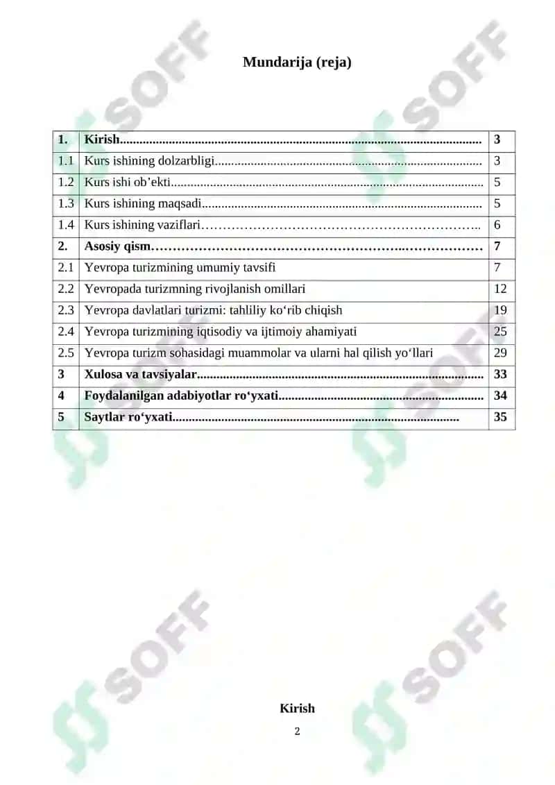 “YEVROPA TURIZMNING RIVOJLANISHI” mavzusida tayyorlangan KURS ISHI 2