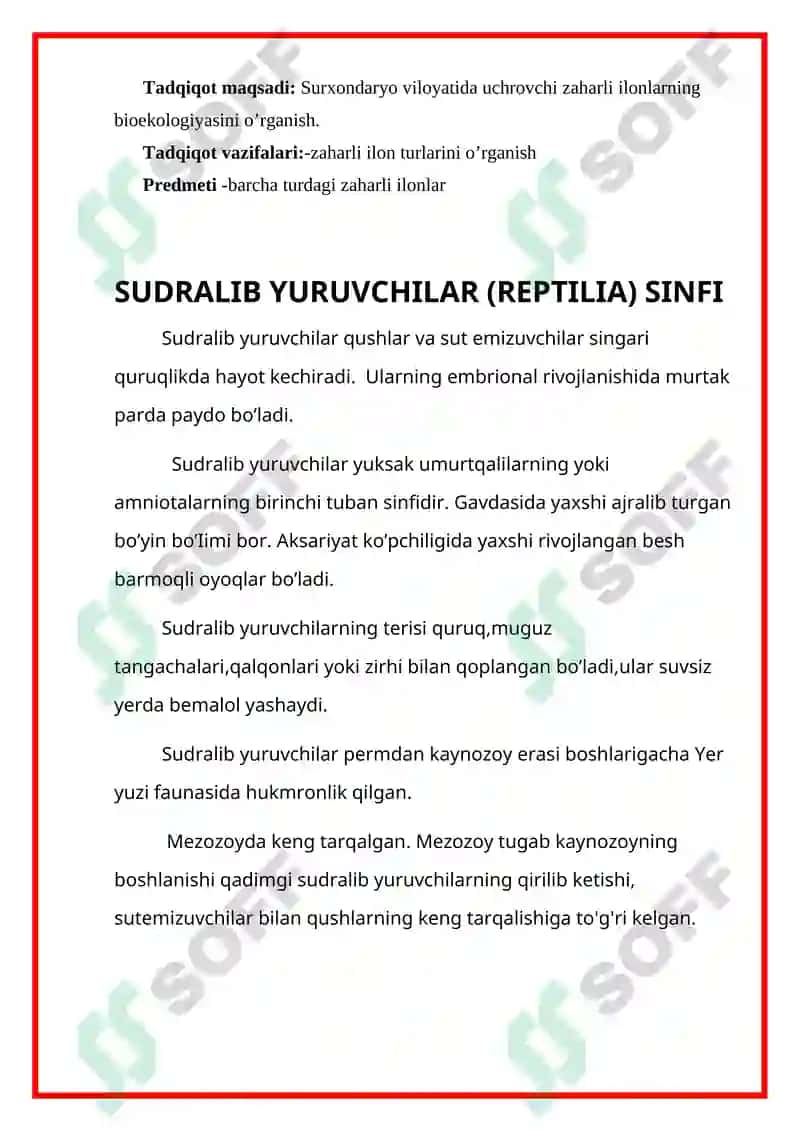 Sudralib yuruvchilar (Reptilia) sinfi kurs ishi 2
