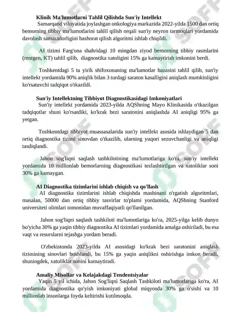 Sun'iy intellekt tizmi Tibbiy Diognostika uchun 2