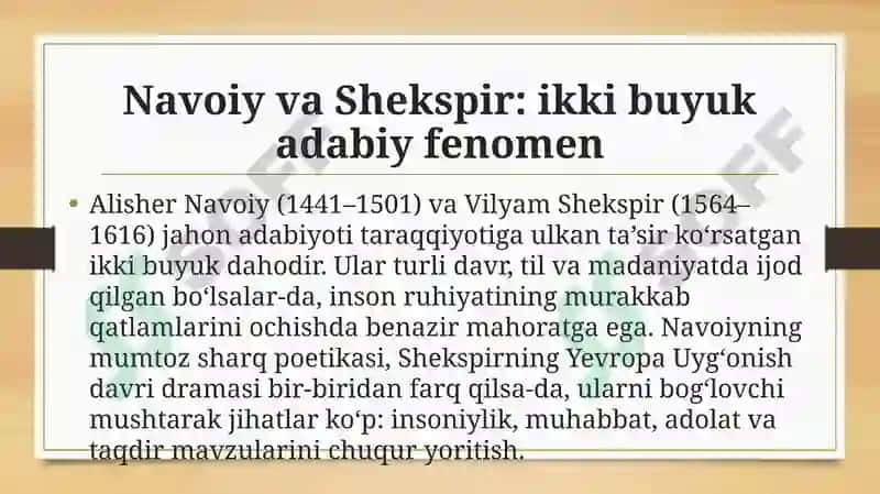 Alisher Navoiy va Vilyam Shekspir ijodida badiiy tamoyillar mushtarakligi va o‘ziga xoslik” 2