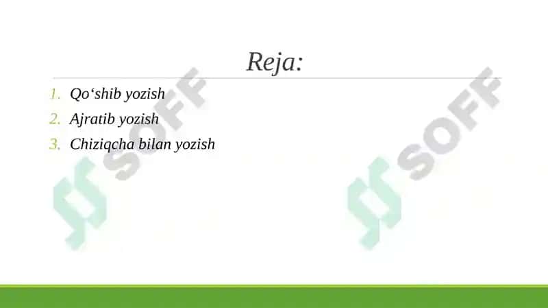 O‘zbek tilining asosiy imlo qoidalari. Qo'shib yozish. Ajratib yozish. Chiziqcha bilan yozish 2