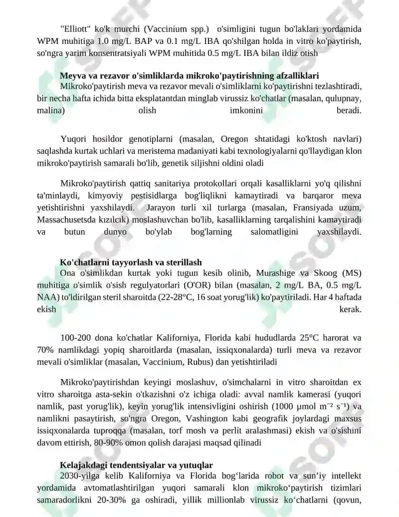 Meva va rezavor mevali oʻsimliklarni klonal mikrokoʻpaytirish xususiyatlari 2