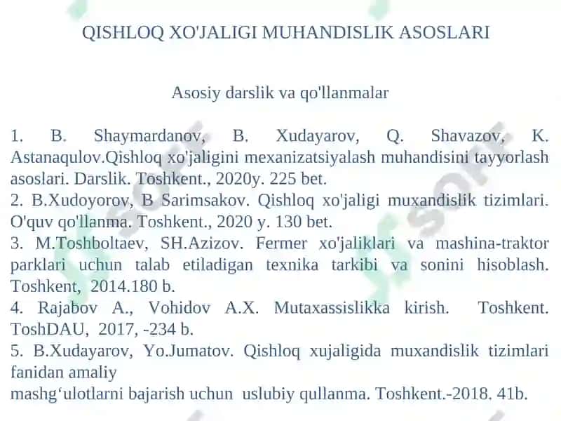 Qishloq xo'jaligini mexanizatsiyalash muhandisini tayyorlash asoslari 2