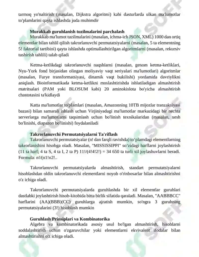 Takrorlanuvchi oʻrin almashtirish oʻrinlashtirish guruhlash formulalari 2