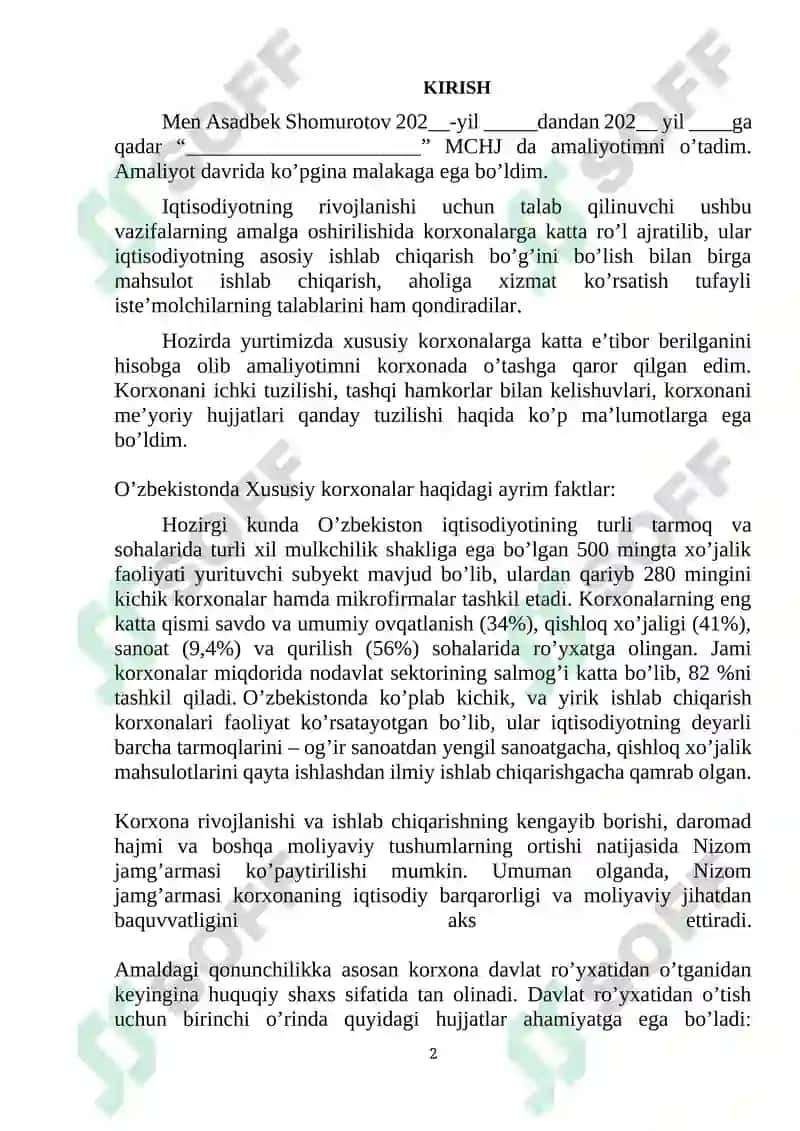 Mchj amaliyot hisoboti 2