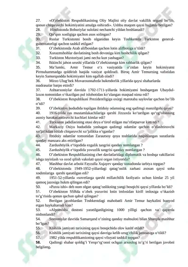 Davlat Attestatsiyasi komissiyasi uchun „O‘ZBEKISTON TARIXI“ FANIDAN TEST SAVOLLARI 2