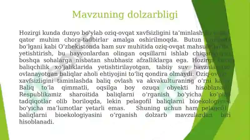 KATTAQO‘RG‘ON SUV OMBORIDA YETISHTIRILADIGAN PELAGOFIL BALIQLARNING BIOEKOLOGIYASI 2