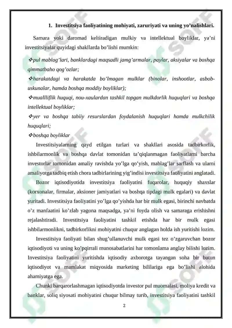 Investitsiya faoliyatini moliyalashtirish manbalari va usullari 2