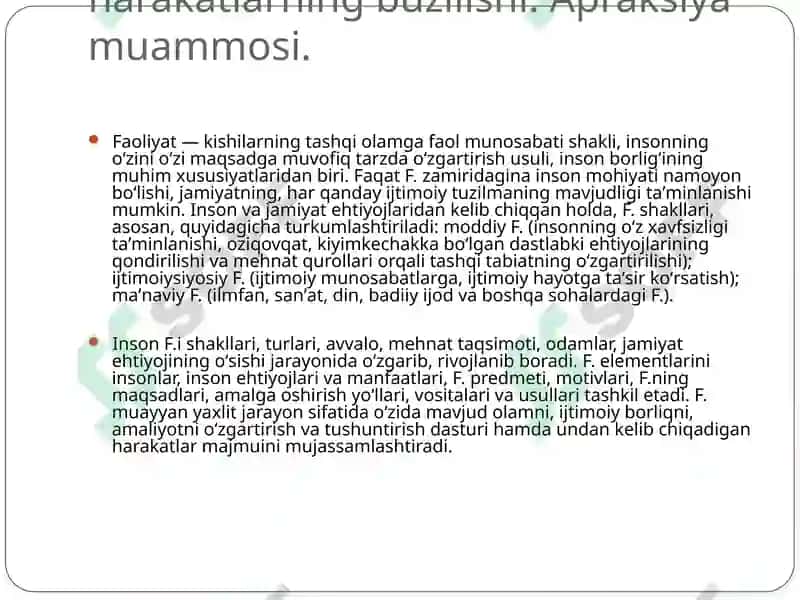 Faoliyat va ixtiyoriy harakatlarining buzilishi. Apraksiya muammosi 2